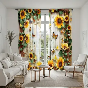 2Pcs Sunflower Butterfly Rustic Wood Print Window Sheers, Modern Farmhouse Style, Rod Pocket Installation, Semi-Transparent, Elegant Home Decor, Home Decoration Curtain, Room Decor Curtain for Living Room Bedroom Study, Durable Coverings.