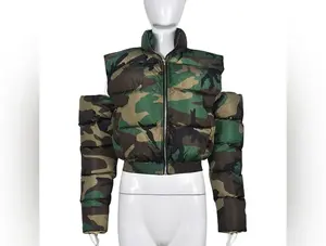 Women's Cotton-Padded Short Camouflage zippered Puffer Jacket With Cut Out Sleeves