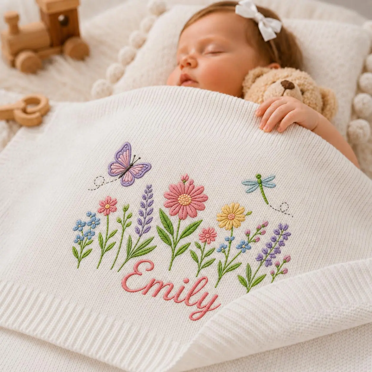 [Made-to-Order]Personalized Wildflower Embroidered Baby Blanket, Custom Name Lavender Baby Blanket, Floral Nursery Blanket, Baby Shower Gift, Newborn Keepsake Blanket