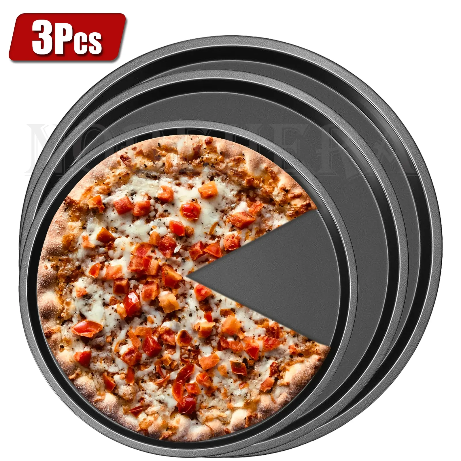 Round Pizza Tray Set of 3 for Oven, Non-Stick Carbon Steel, Holeless & with Holes, Deep, Perfect for Frozen & Homemade Pizzas
