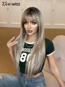 Extra Long Straight Ombre Blonde Wig with Bangs 32 Inch Super Long Natural Layered Wigs with Dark Roots, High Quality Soft Synthetic Fiber Straight Hair Wig for Women Daily Wear, Festival Ready Party Use, Mother's day gifts & Graduation Gift - Beginners G