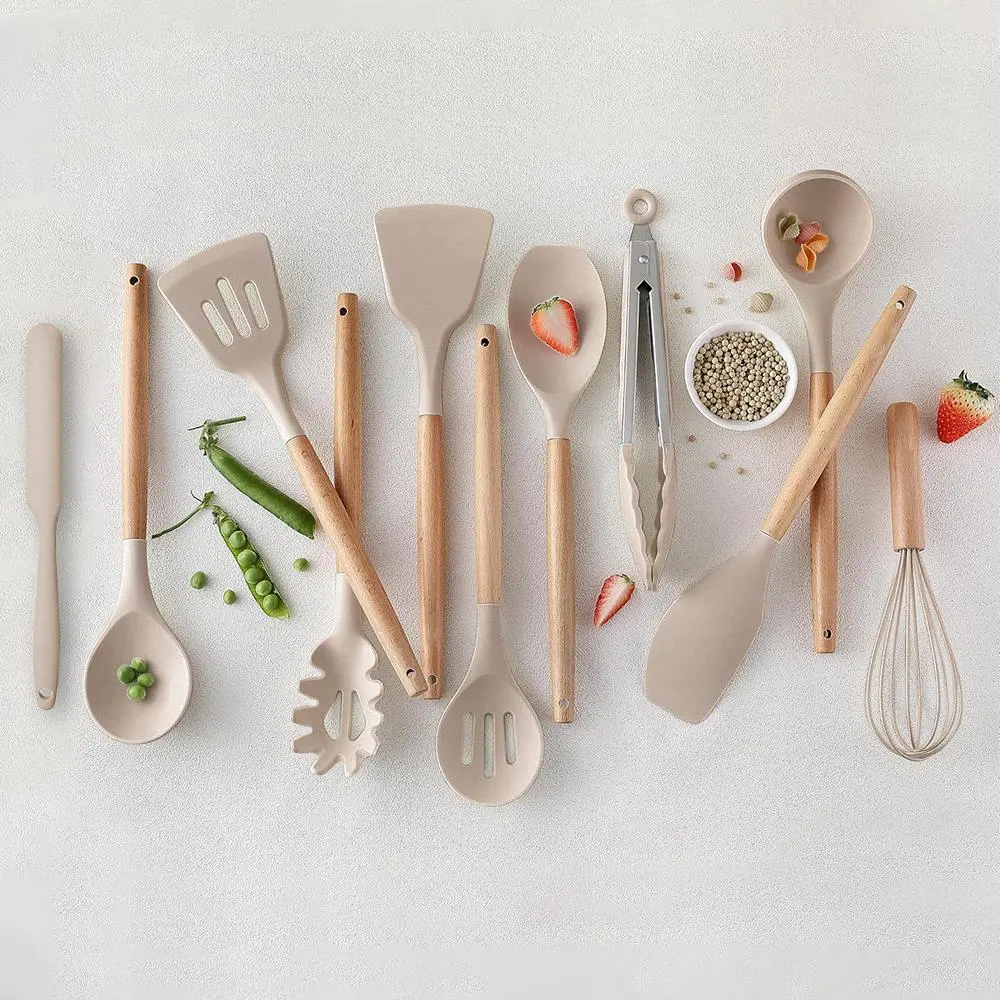 Silicone Kitchen Utensil Set with Wooden Handle, Household Kitchen Cooking, 11pcs/set Heat Resistant Cooking Tools, Kitchen Gadgets for Nonstick Pans, Kitchen Accessories, Kitchen Utensils Set
