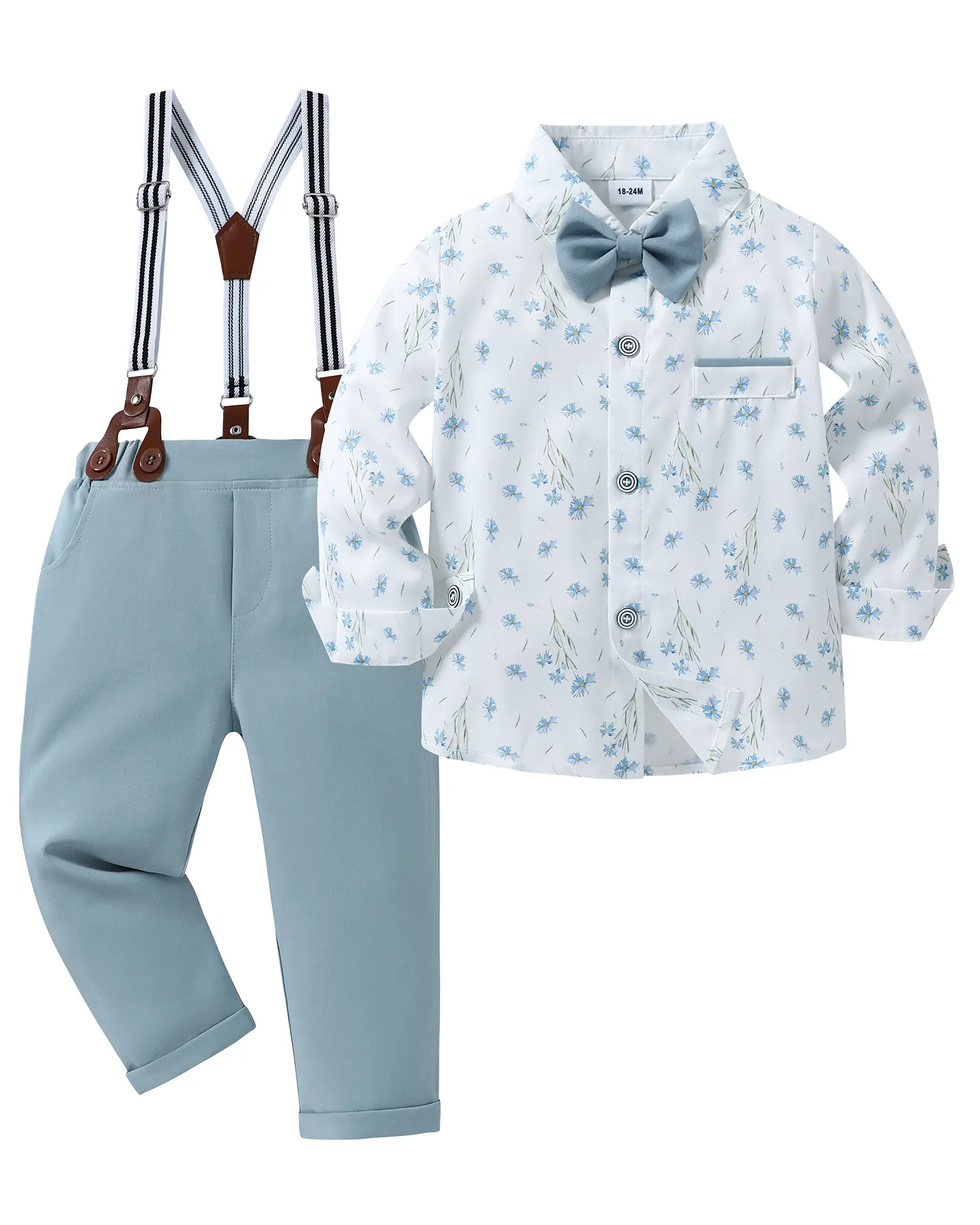Toddler Boys' 3-Piece Formal Solid Gentleman Tuxedo Set - Soft Cotton, Long Sleeve Dress Shirt, Bow Tie, Removable Suspender Pants, Colorblock Fitted, Breathable, Retro Holiday, Clothes Kids, 12-18m, 4-5 Years, All Seasons, Wedding Outfit