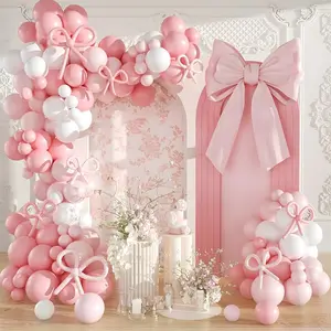 Pink Bow Balloon Garland Arch Kit, Coquette Birthday Decorations 145Pcs Pink and White Balloons Different Size for Wedding Bridal Baby Shower Bachelorette Party Decorations