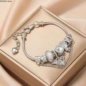 Vintage Silver Charm Bracelet with Pave Crystal Beads & Safety Chain, Star & Heart Details, Great for Anniversaries, Valentine’s Day & Embracing Classic, Feminine Luxury