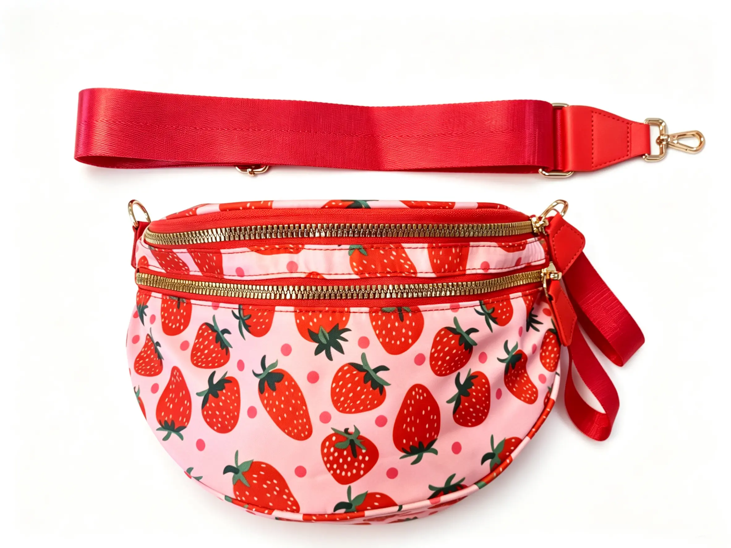 Women's Strawberry Print Lightweight Nylon Crossbody Belt Bag - Bum Bag with Adjustable Waistband for Travel, Daily Use, Bum Bags