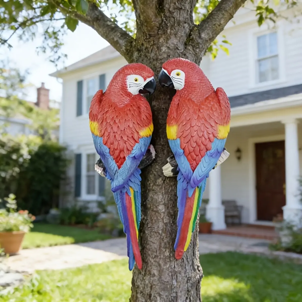 2PCS Colorful Macaw Resin Bird Sculptures, Realistic Waterproof Wall Hanging Parrot Decorations, Exterior Decorative Statues for Outdoor Garden Patio Balcony Trees and Tropical Home Living Room Decor