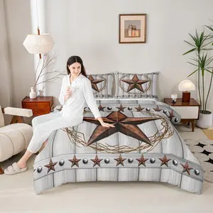 Western Texas Star Kids Comforter Set,Old Wooden Barn Retro Bedding Set,Girls Boys Adults Bedroom Decor,Cowboy Rustic Farmhouse Down Comforter,Brown Grey Duvet Insert