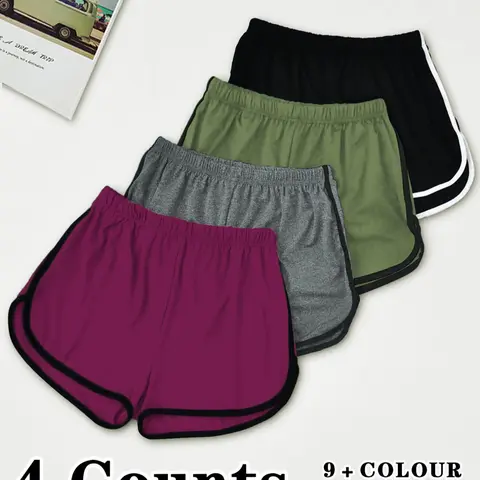4-Counts Women's Contrast Binding Elastic Waist Sleep Shorts, Soft Comfy Breathable Shorts for All Seasons, Comfy Loungewear for Women, Casual Everyday Loungewear