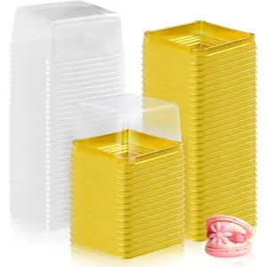 100 Set 3" Mini Plastic Square Cupcake Containers with Lids Single Individual Dome Muffin Boxes for Wedding Birthday Gifts Supplies Golden