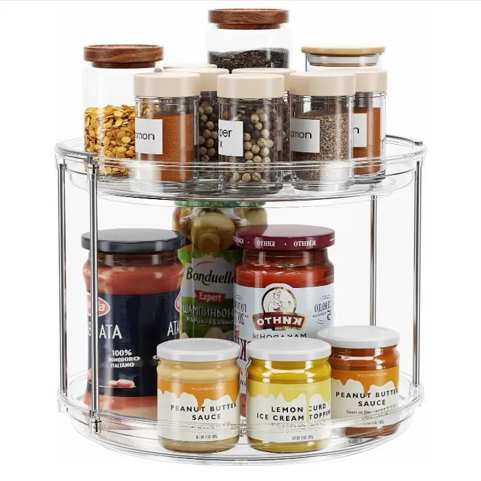 9.25in 2-Layer ABS Cylindrical Lazy Susan Turntable Organizer, Corrosion-Resistant Adjustable Rotating Spice Rack, Countertop Cabinet-Rack for Kitchen & Bathroom Storage, Amber DIY Storage Solution