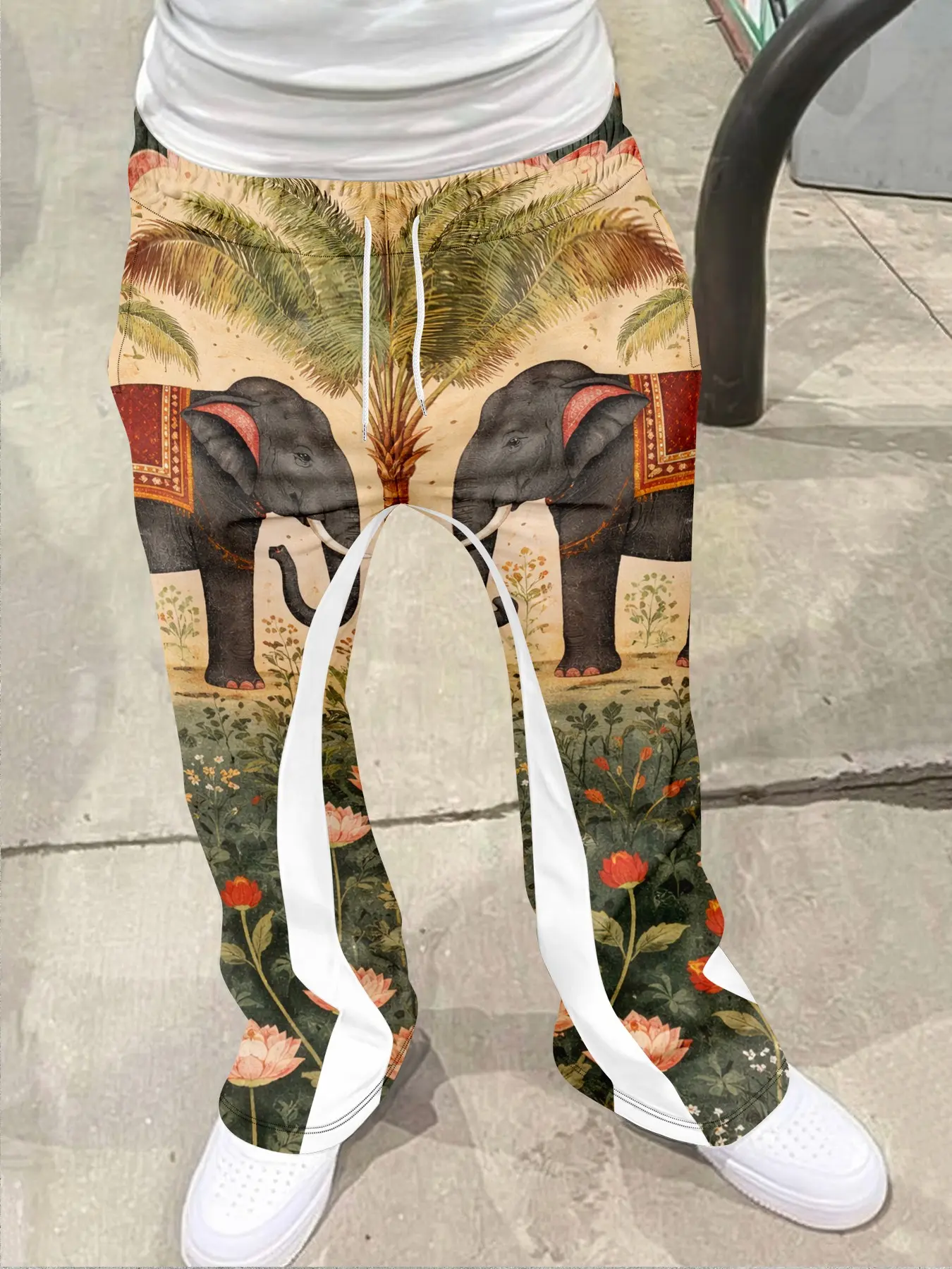 Indian Mughal Elephant Art Bell Bottoms, Traditional Print Casual Long Pants, Fitted Geometric Pattern, All Seasons, Stylish Comfort Wear