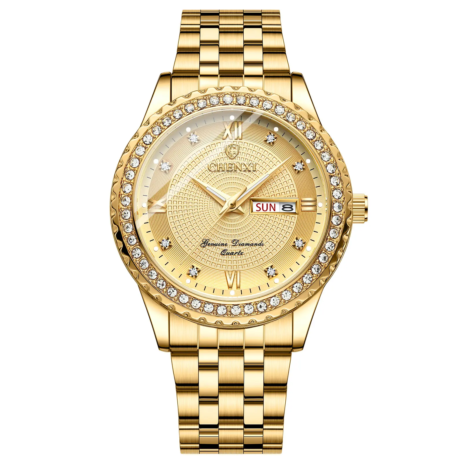 OIDEA Men's Luxury Diamond Encrusted Stainless Steel Watch, Analog Quartz with Day-Date Cal. and Luminous Dial, Analog Quartz Watch, Diamond Encrusted Watch