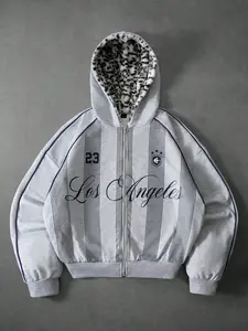Men's Streetwear Hooded Sweatshirt, Vintage Style, Knit Open Front, Leopard Print, Los Angeles Letter Print, Graphic Print Hoodie, Casual Fall Winter Jacket, Hooded Hoodie, Knitted
