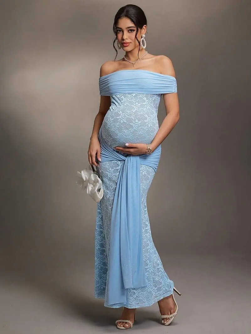green emerald velvet dress Light Blue Mesh Overlay Fitted Maternity Midi Dress – PinkBlush main image 0