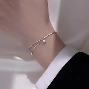 Delicate 925 Sterling Silver Bangle Bracelet with Starts Charm