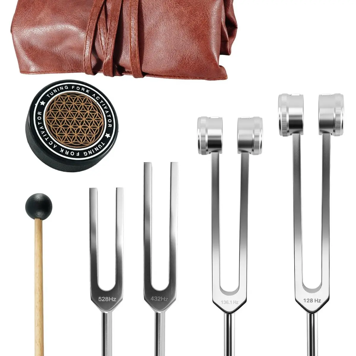 Healing Tuning Fork Set, 528 Hz, 432 Hz, 136.1 Hz, 128 Hz, Aluminum Alloy, Includes Stand, Activator, Reflex Hammer, Leather Bag