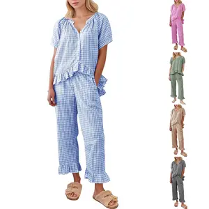 Naeduo Womens Plaid 2 Piece Pajamas Sets Gingham Button Down Puff Sleeve Babydoll Shirt Ruffle Pants Y2K Pjs Lounge SpringStatements Set Soft