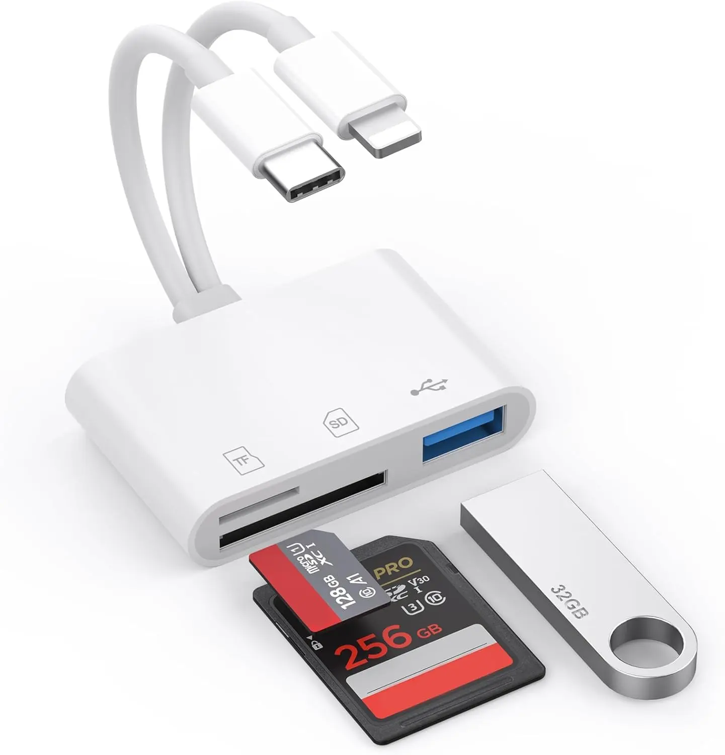 Lightning & USB C SD Card Reader, 3 in 2 Multi Card Reader Adapter, Supports SD TF Card & USB Flash Drive, Plug and Play Camera Photo Transfer for iPhone 5-14, iPhone 15 Series, Android, iPad