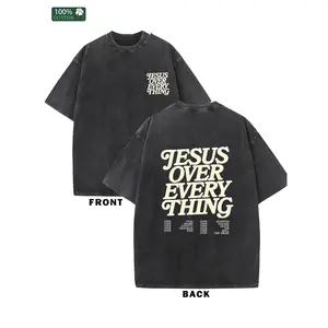 JESUS OVER EVERY THING  Washed cotton T-shirt, streetwear, aesthetic graphics, casual T-shirt, men's unisex