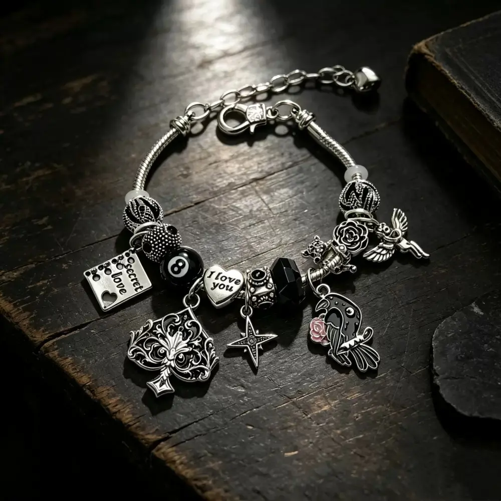 Elegant Silver Charm Bracelet with "I Love You" Heart, Floral & Bird Charms, Perfect for Gift-Giving