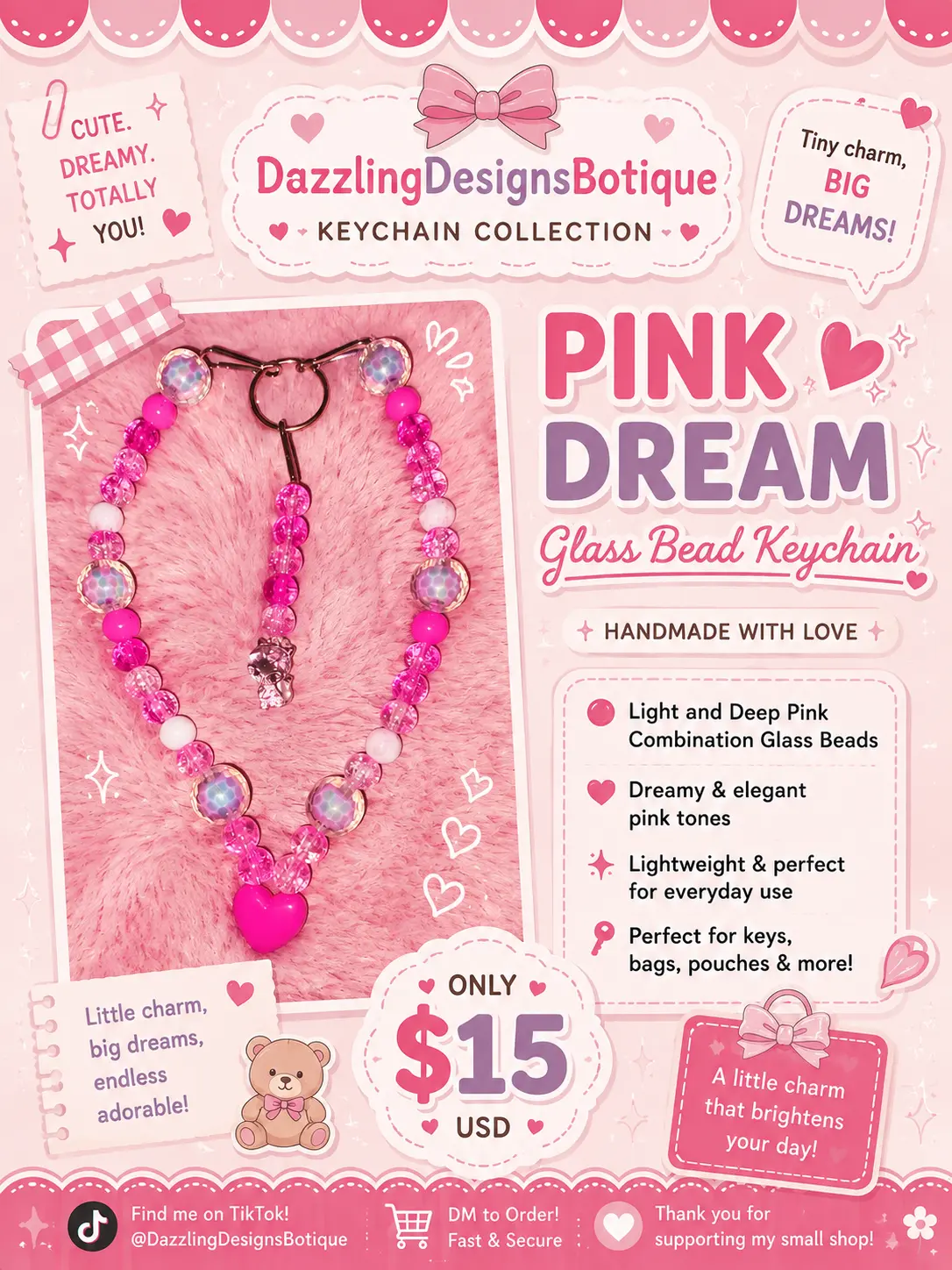 Pink Dream Glass Bead Keychain