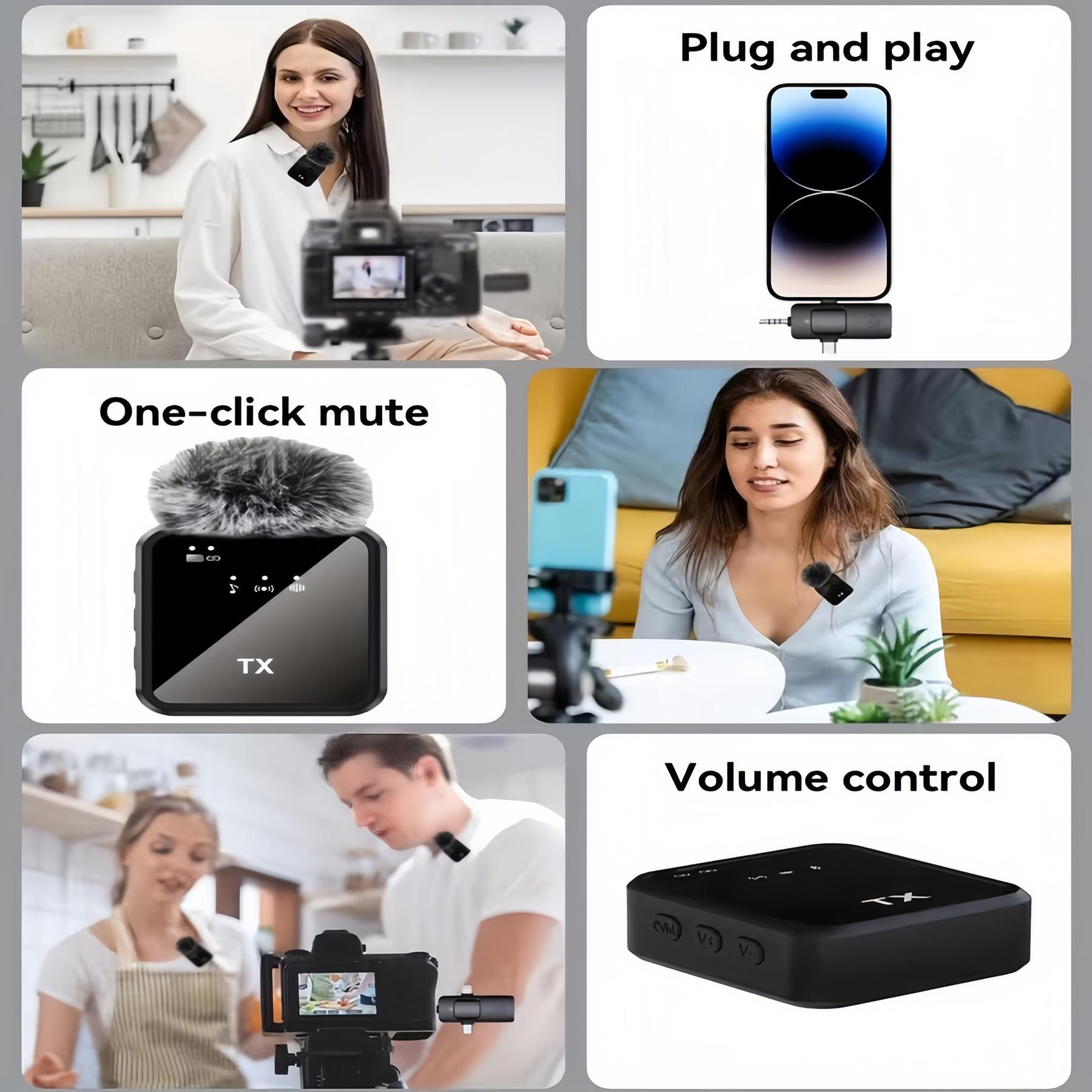 3-in-1 Multifunction Wireless Lavalier Microphone Intelligent Noise Cancellation Windproof Ball USB-C Rechargeable Supports 2.4G/3G/4G for Recording Live Streaming Singing