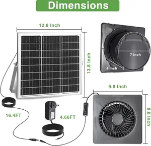 Solar Exhaust Fan for Shed 25W Panel 8'' Greenhouse 2600 RPM AC DC Adapter Portable Ventilator with Adjustable Bracket & Long Life Span 9.8INCH x 9.8INCH Aluminum Frame Protection Toughened Glass Surface ABS Material