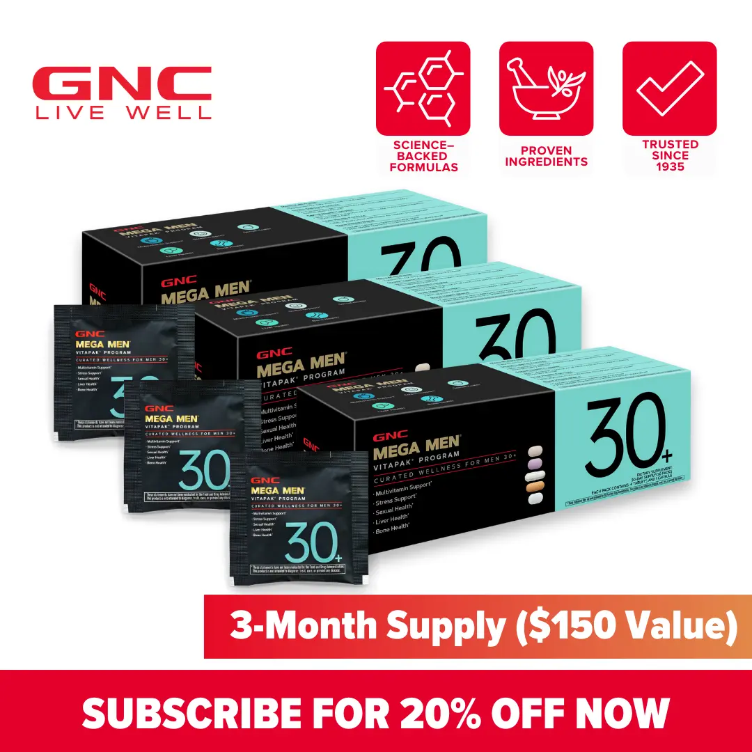 GNC 3-Pack Bundle: Mega Men's 30+ Vitapak, 90 day supply, Stress & Bone Support, 30 Count, Healthcare, overall Wellness, Dietary Supplement