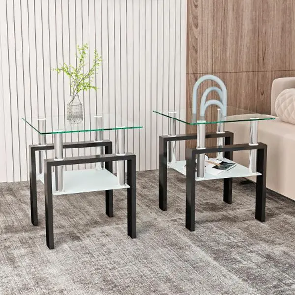 【Bellemave】1-2-piece , Modern Tempered Glass Tea Table Coffee Table End Table, Square Table for Living Room, Transparent/Black