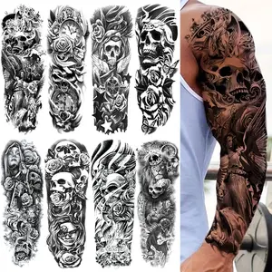 8 Pcs Adult Large Angel & Skull Temporary Tattoo Sleeves, Realistic Waterproof Fake Tattoos, Durable Full Arm Tattoos for Men Women, Halloween Body Decor, Tattoo Stickers