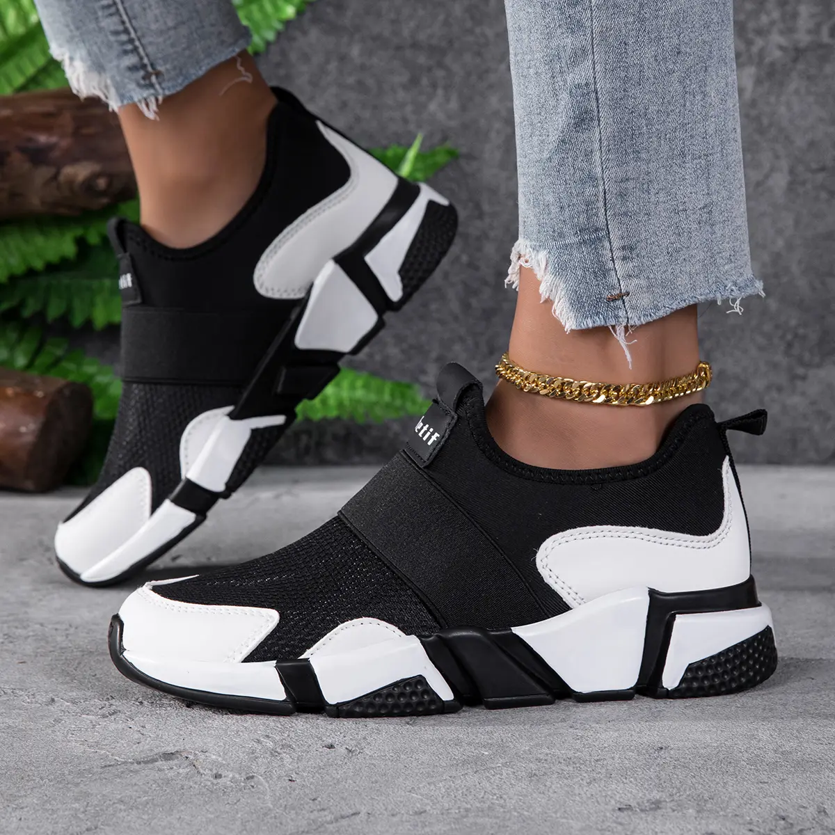 No-Lace Slip-On Chunky Sneakers with Elastic Band - Comfort Height-Increasing Platform Shoes for Women, Lightweight Breathable Mesh Everyday Walking Trainers