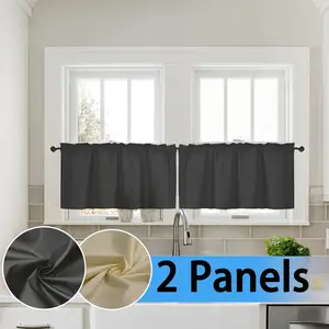 2 Panels Solid Color Kitchen Short Drapes, Durable Anti-Pull Light Filtering Curtains, Rod Pocket Design, Ideal for Kitchen, Bathroom, Basement, Café, Home Textile