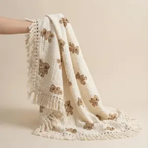 80cmx65cm Printed Cotton Fringe Blanket Single Piece, Dual-Layer Wrinkled Fabric Breathable Decorative Small Cover, Classic Style, Soft Blanket