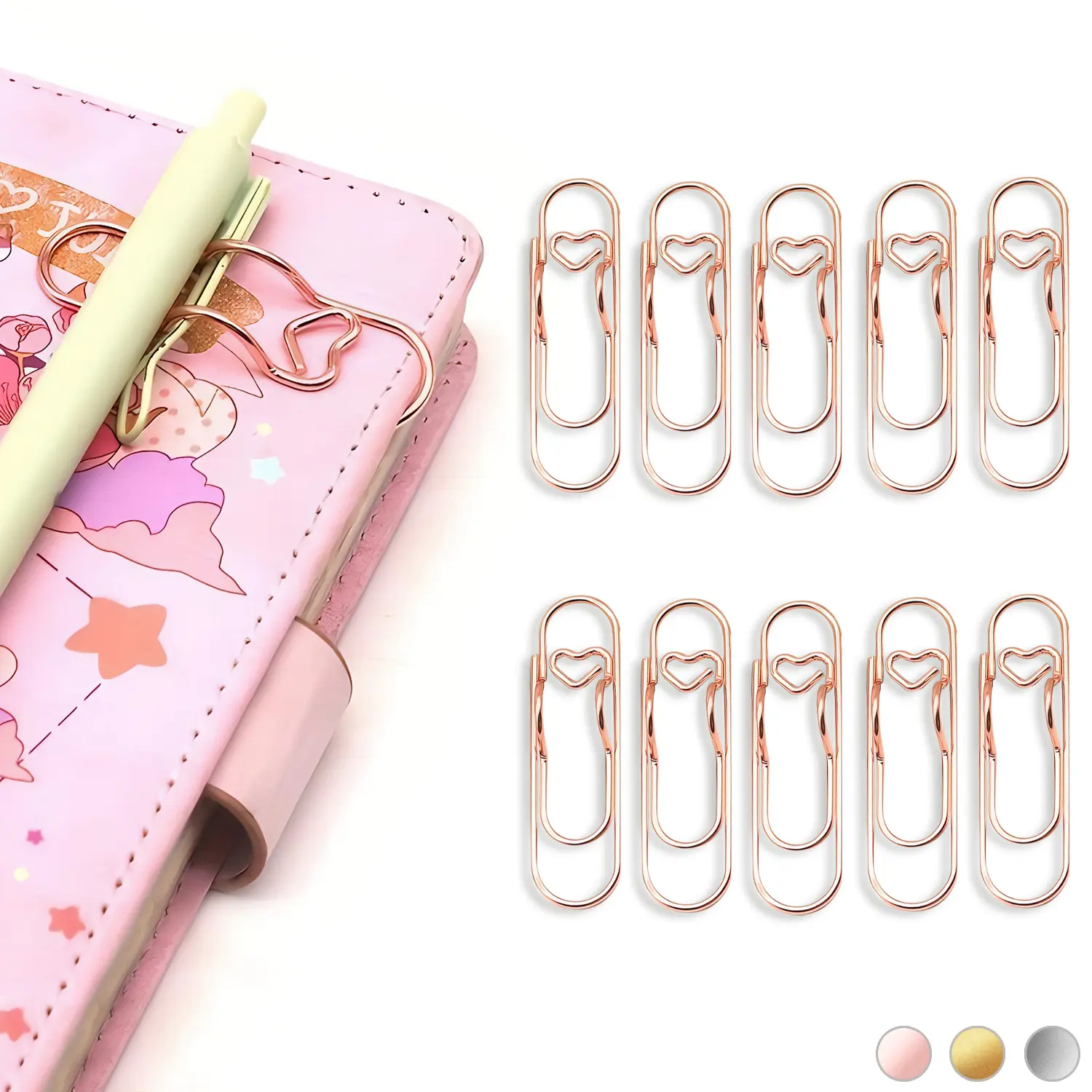 10Pcs Metal Pen Clips in Gold/Silver/Rose Gold - Paperclip Pen Holders for Notebooks and Papers,Metal Pen Clip Holder and Pen Holder Clip  for Notebook Book Journal Office School