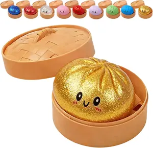 Realistic Giant Glitter Dumpling Squeeze Toy with Bamboo Steamer Soft TPR Dough Ball Decompression Fidget Toy Funny Creative Gift