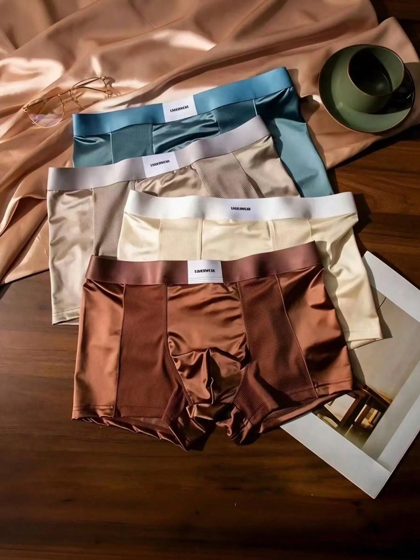 Men's Soft Satin Underwear Set - Mid Waist, Short Length, Breathable Fabric, Casual Wear, All-Season Home & Vacation Use