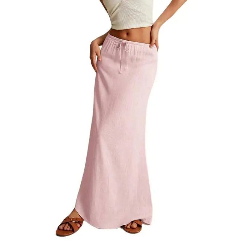 LYD- Women's White Maxi Skirt - Minimalist Drawstring Linen Fabric, Regular Fit, Casual Style, All Seasons Bottoms for Home Wear -LYD sport summer smash women leopard vertical bell