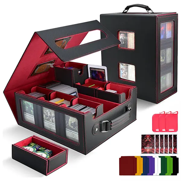7-in-1 Trading Card Storage Box with Handle, MTG TCG Deck Box with Commander Display Fits 1300+ Sleeved Cards - Includes 6 Toploaders, 3 Stoppers, 16 Colorful Dividers & Dice Box