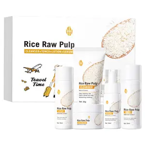 Rice Skincare Travel 5-Piece Set, Rice Extract Cleanser Toner Serum Lotion Face Cream, Daily Hydration Gentle Care Starter Set