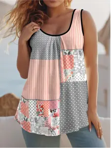 [Plus Size] Patchwork Print Tank Top, Floral Casual Fitted Sleeveless Top for Summer, Women's Clothing for Daily Wear