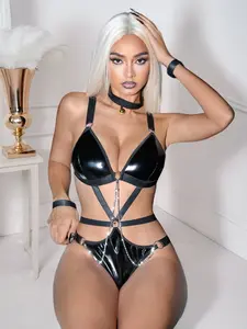 Women's PU Leather Harness Chain Set Lingerie, Faux Leather Lingerie, Sexy Bodycon Dress + Neck Ring + Hand Cuffs, Perfect for Special Parties & Romantic Nights