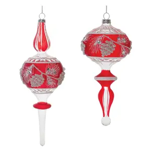 212 MAIN 6-Piece Multi-Size Glass Drop Ornament Set with Hanger - 7.75 in., 9 in., Red, White, Glitter Accents, Woodland Christmas Tree Decor for Home Festive Use