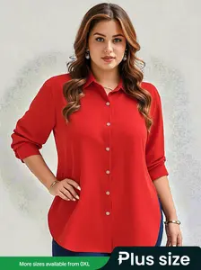 [Plus Size] Solid Color Button Front Shirt Blouse, Casual Half Sleeve Top for Daily Wear, Women's Clothing for All Seasons