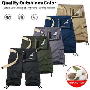 Men's 5-Pack Plain 100% Cotton Cargo Casual Shorts - Mid Waist, Button Closure, Loose Fit, Multi-Pocket Design with Belt, Skin-Friendly Breathable Fabric, Suitable for Everyday Outings, Summer Vibes