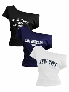 Women's Casual Commuter Loose Fitting off Shoulder T-Shirt Pack of 3, Breathable Soft Fabric with Nyc La Graphic Print, Trendy Chic Summer Tops for Leisure Outings Womenswear