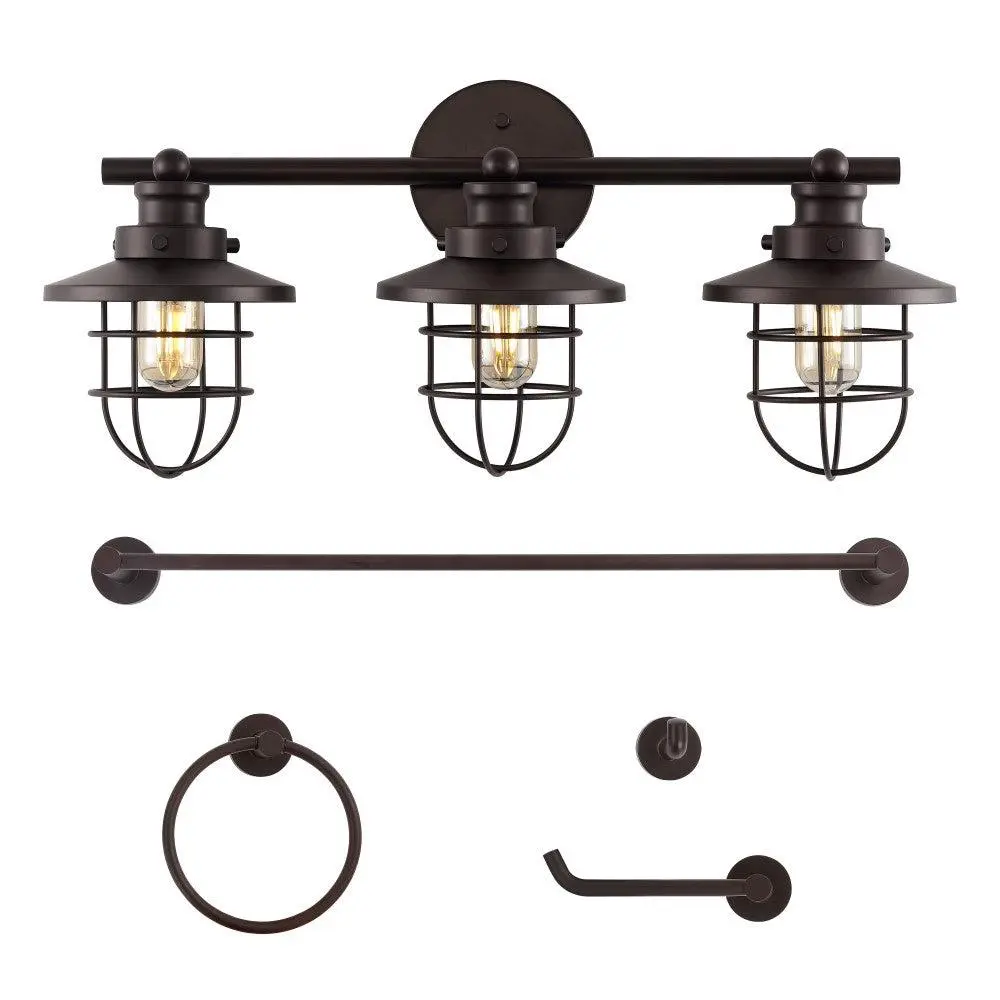JONATHAN Y Ellis 24" 3-Light Industrial Farmhouse Vanity Light with Bathroom Hardware Accessory Set