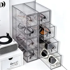 UFORU  Clear Acrylic Sunglasses Organizer | Integrated 4-Compartment Drawer Glasses Storage Box | Dustproof Anti-Scratch Eyewear Display Case For Home Vanity Desk