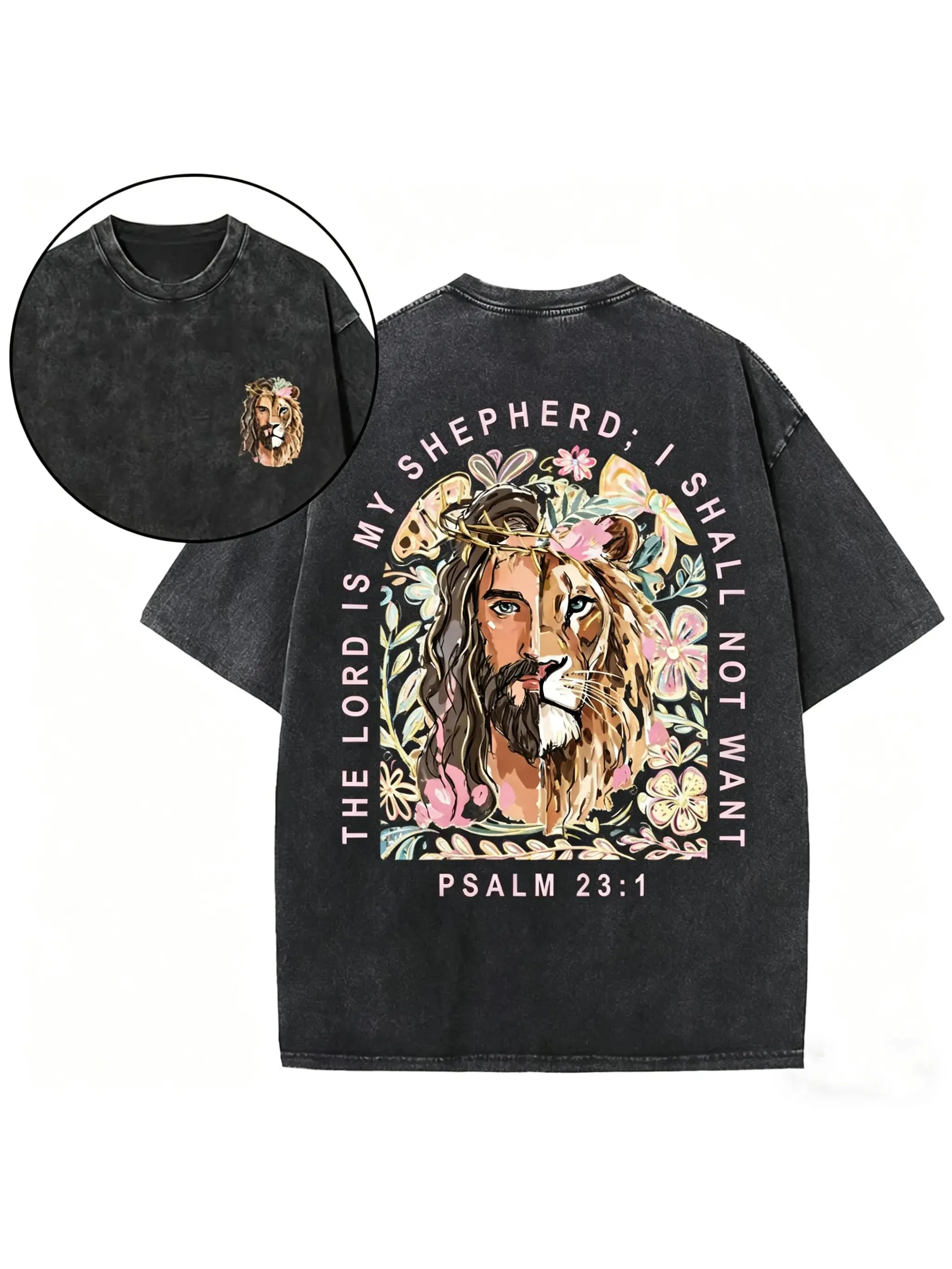 Half Jesus Half Lion Floral Christian Tee, Psalm 23:1 "The Lord Is My Shepherd" Vintage Washed Oversized Shirt for Believers