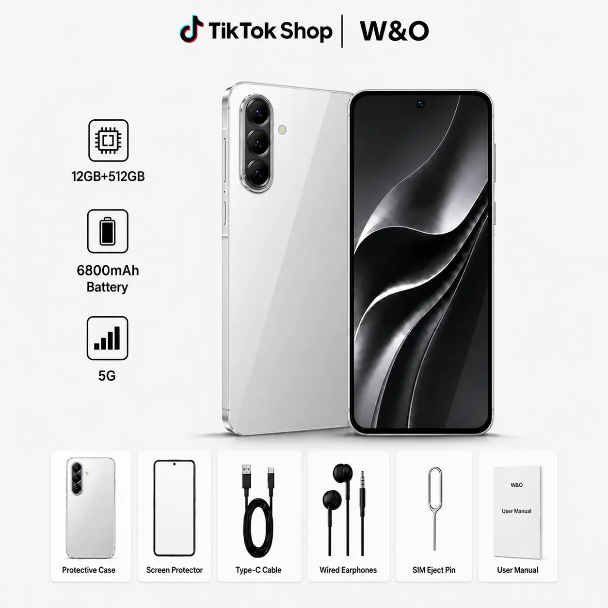W&O Unlocked 5G Global Smartphone - Android 15, 12GB RAM, 512GB Storage, 50MP+12MP Dual Camera, 6800mAh Battery, Dual SIM Modern Phone for Gaming, Photography, Christmas Gift,techvibes